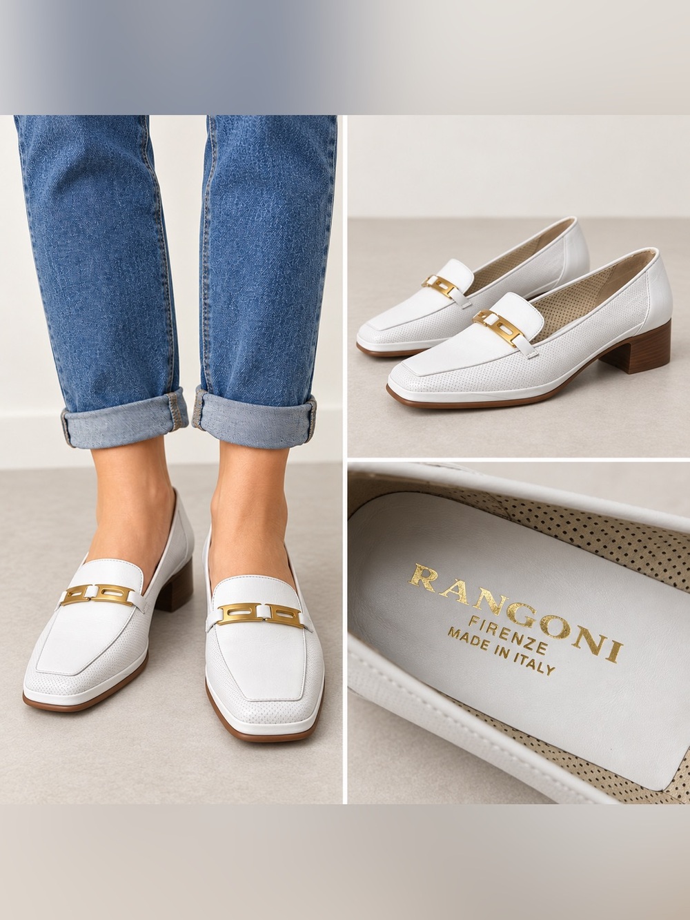 Rangoni Firenze White Leather Loafers Gold Hardware Made in Italy Size 10B